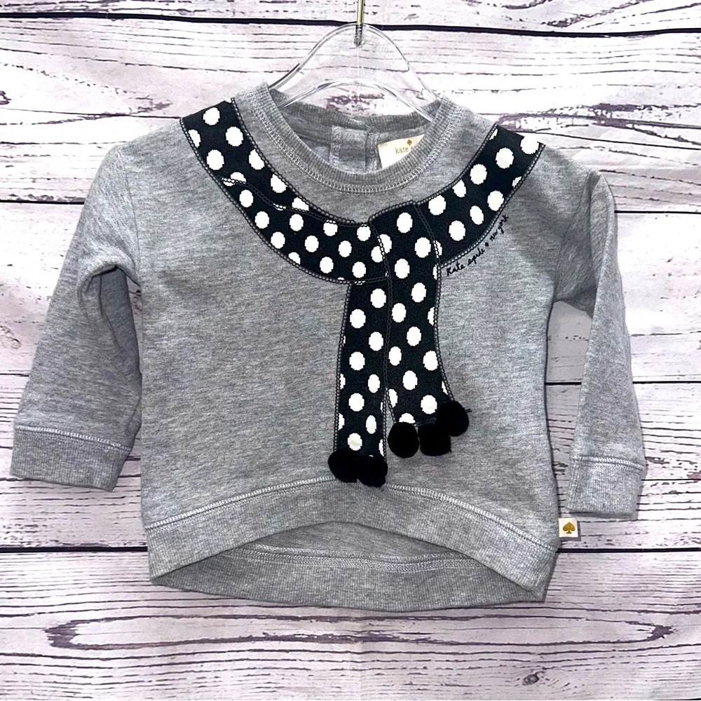 Kate Spade heather gray sweatshirt features polka dot scarf. Size 12 Months